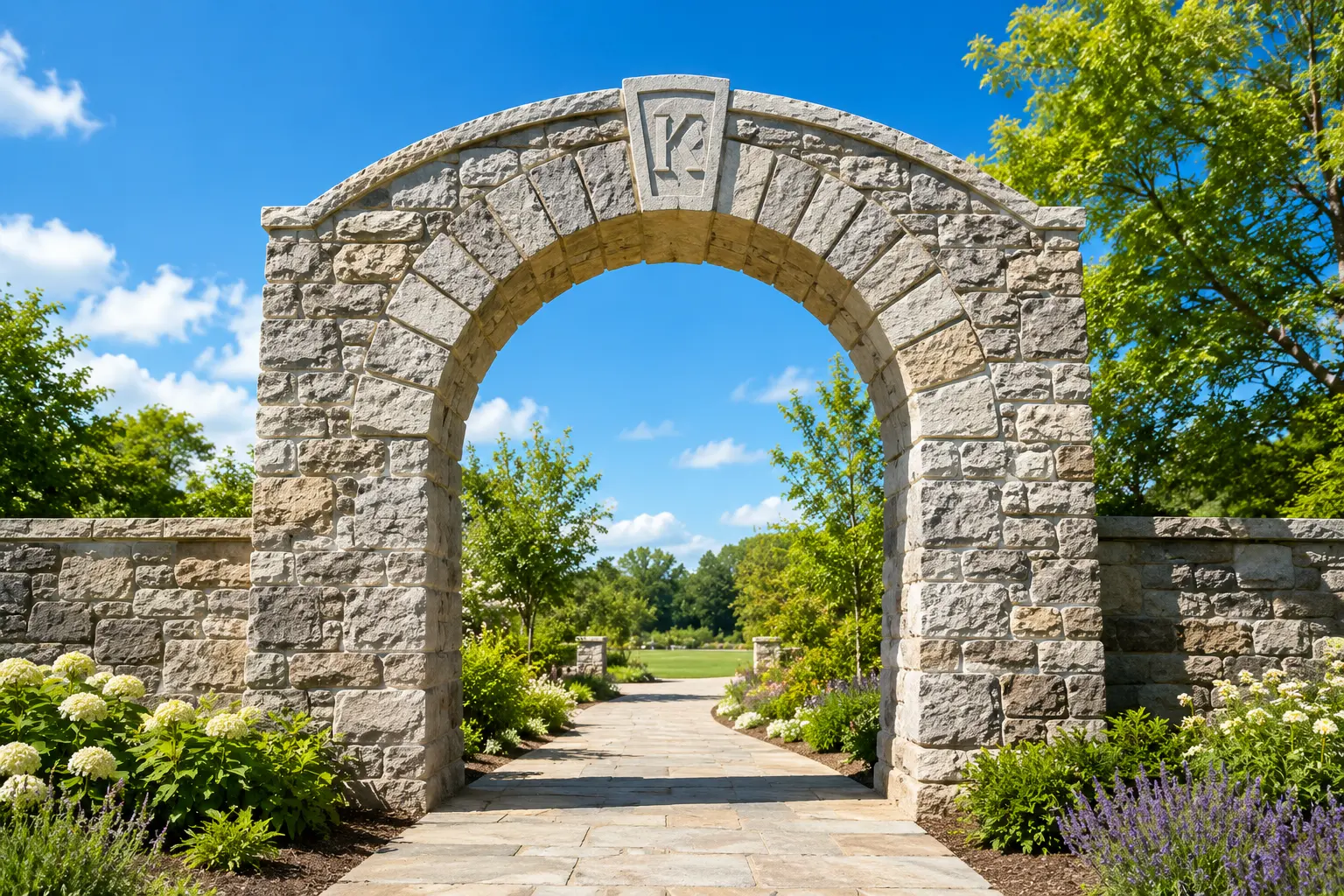 Stone archway with the Keepstone K carved in the keystone, opening onto a garden path