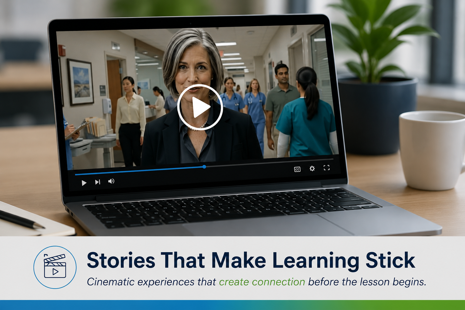 Stories that make learning stick: cinematic scenario video playing on a laptop