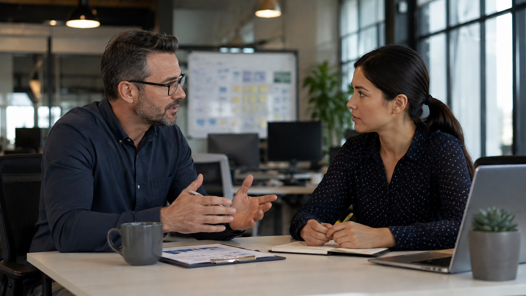 A manager and an employee in a focused coaching conversation at a workplace desk
