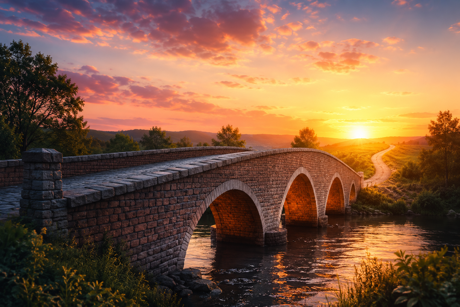 Stone arch bridge glowing at sunset, leading toward a winding road